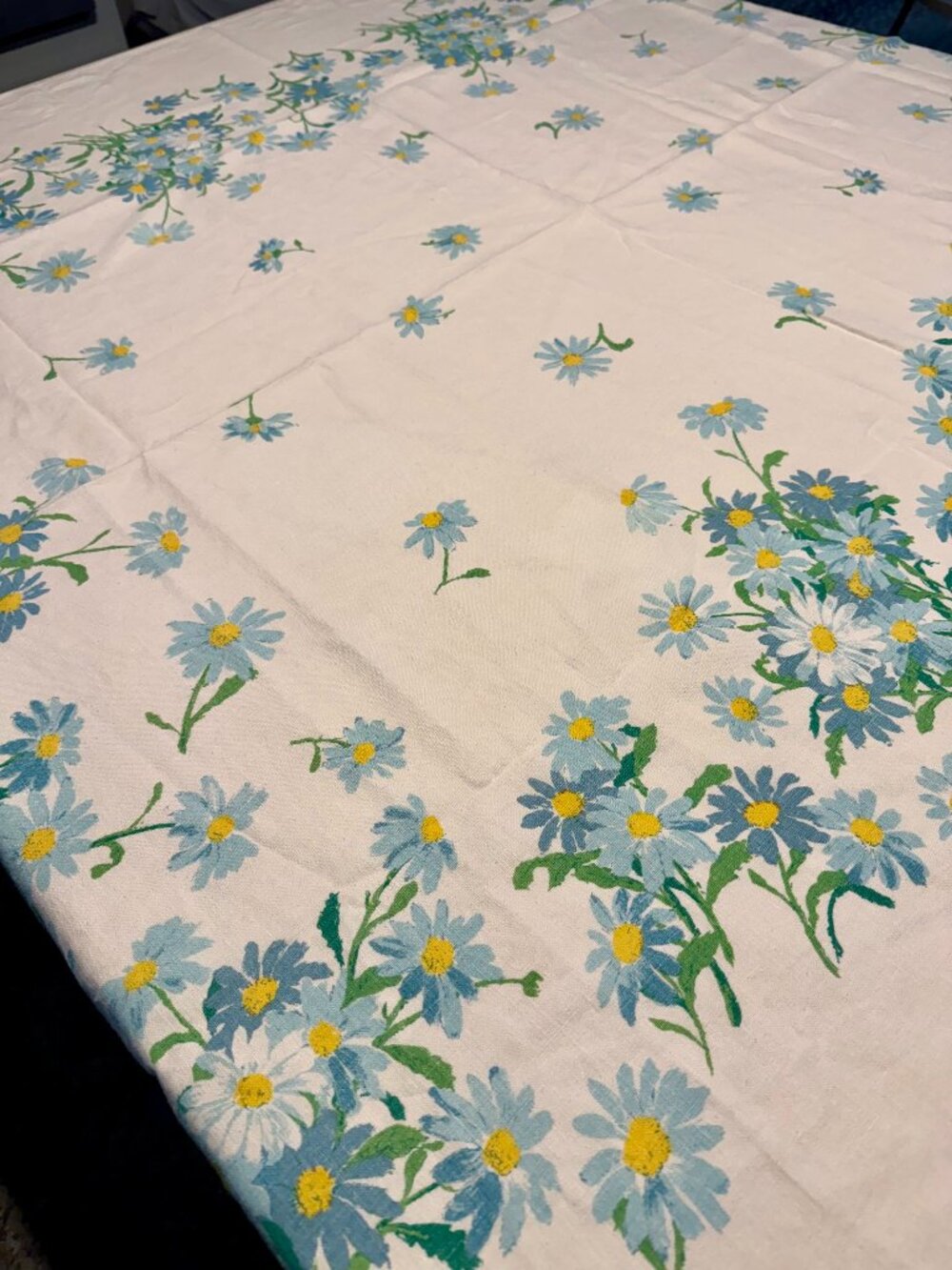 Beautiful Luther Travis Linen Tablecloth - 72 inches long - blue/teal/green